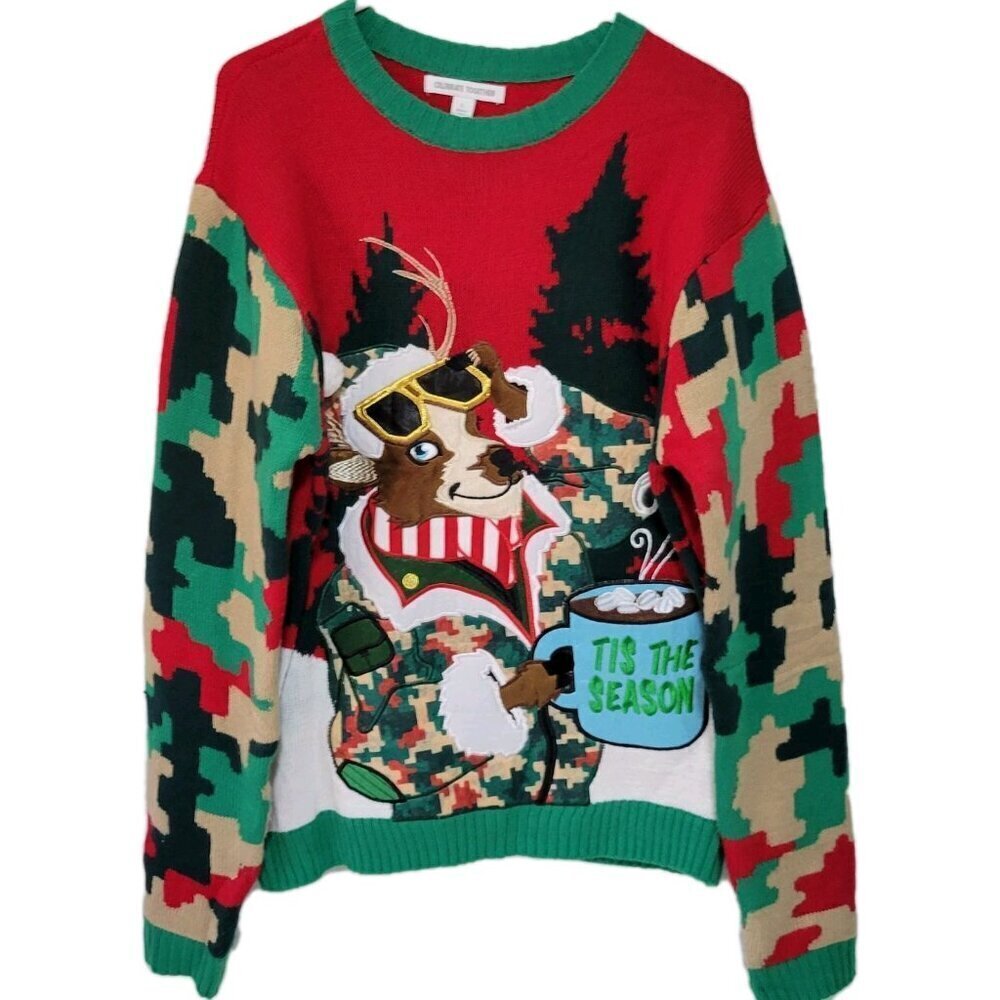 Ugly Christmas Sweater Large Unisex Tis The Season Reindeer Camo Cocoa Pocket